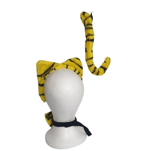 Tiger Costume Set Headband Bow Tie Tail Yellow Blk Stripes Furry Plush Accessory - Picture 3 of 5